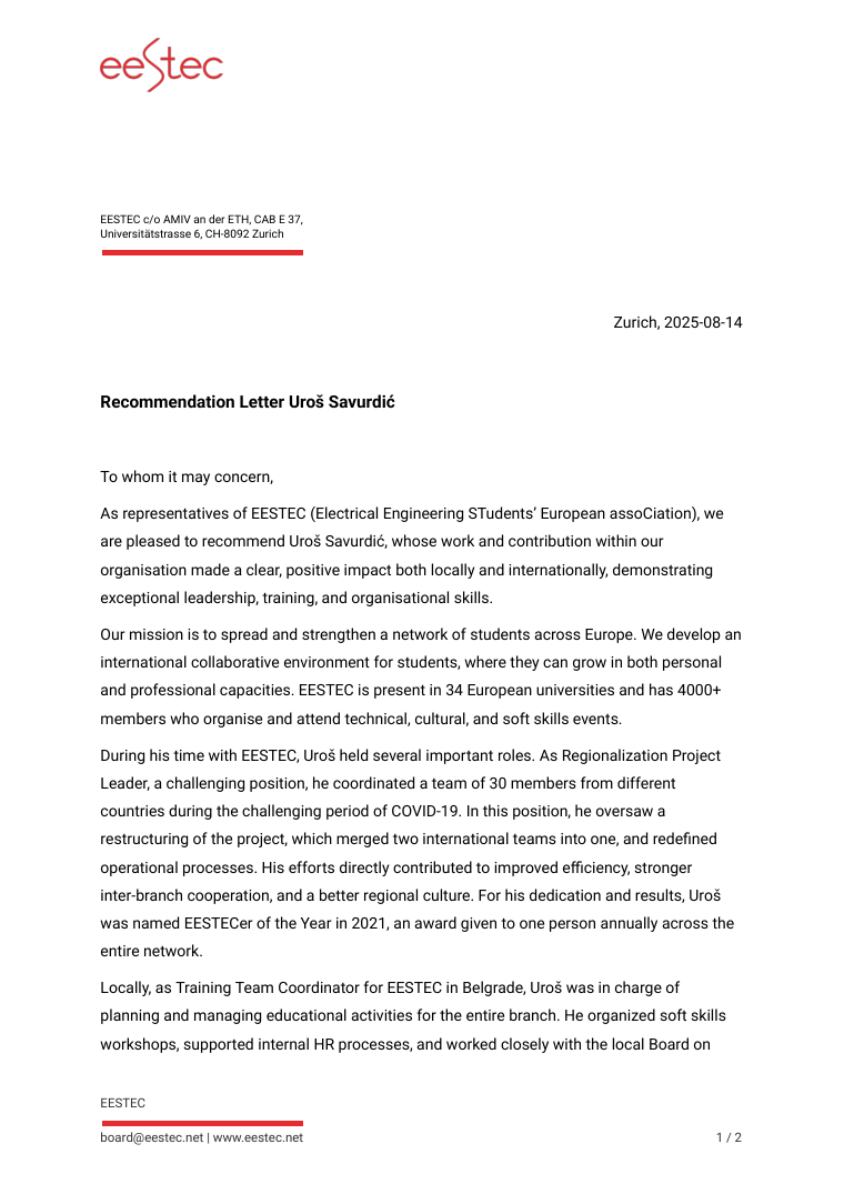 First page of a recommendation letter from the EESTEC international board, on headed paper.
